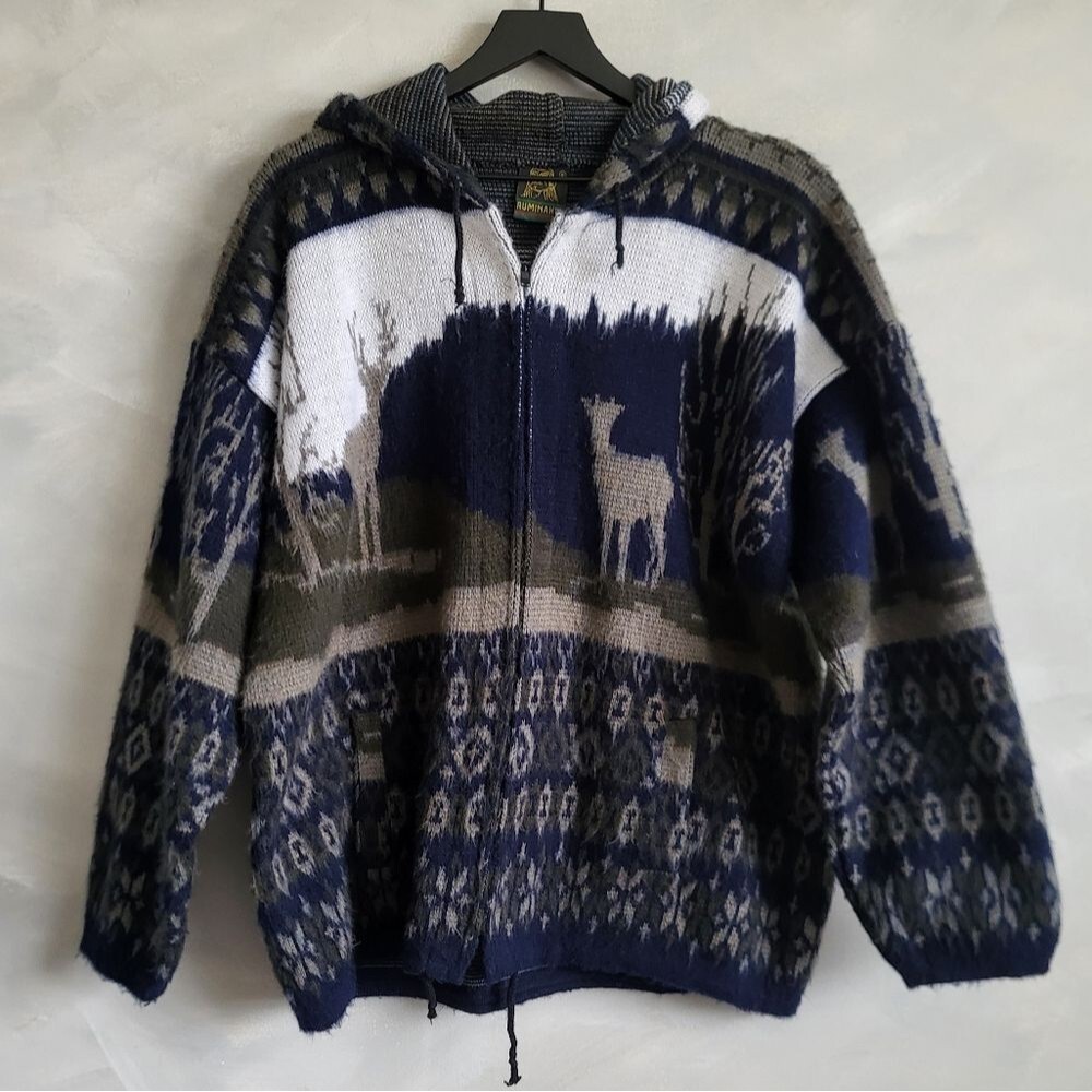 Vintage Wool Ruminahui jacket coat boho deer antler Fair Isle Warm hood No size